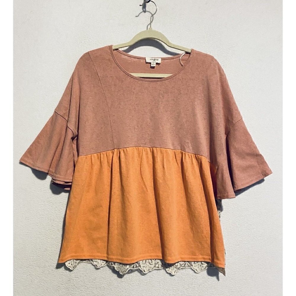 Umgee Top Womens Small Orange Babydoll Slub Knit Ruffle Sleeve Floral Lace Boho